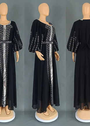 Abaya Muslim Women Party Dresses Chiffon Sequins Jalabiya Ramadan Eid Morocco Islam Sashes Vestidos Arab Long Robe Dubai Kaftan