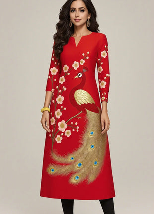 Muslim Kurt Women Casual Fashion Dress Peacock Straight Tube Casual Ethnic Flower National Style Islamische Kleidung Frauen