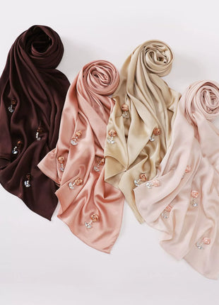 New Bubble Chiffon Hijab Scarf Handmade Flower Beaded Anchor Satin Silk Scarf  Hijabs for Women Turban Femme Ramadan Islamic