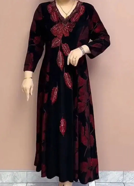 Female Clothing Elegant V-Neck Dresses Autumn Winter Casual A-Line Waist Vintage Printing Commute Fashion Diamonds Long Dress