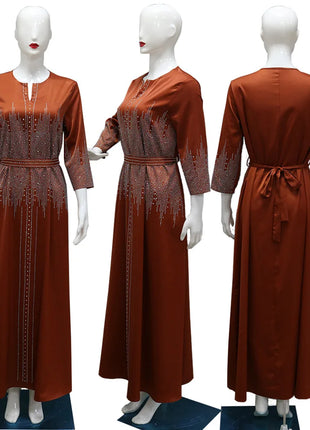 Muslim Satin Dress for Women Fashion Diamond Evening Dress Abaya Dubai Dinner Robe Muslim Dress Women Clothes for Muslim Women