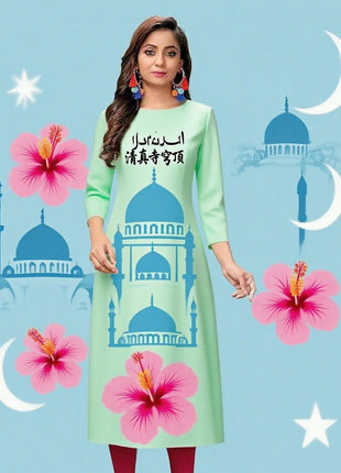 Muslim Women's Kurt Fashionable And Elegant Flowers Straight Tube Casual Comfortable Dress 2026 Abito Donna Musulmana Slit hem