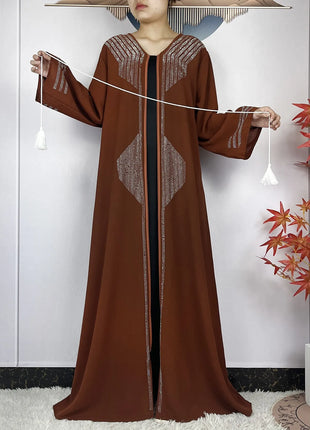 2024 Muslim Abaya For Women Long Sleeved Chiffon Diamonds Loose Fit Femme Robe Islam Maxi Dubai Fashion Party Dresses With Scarf