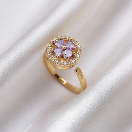 Rotating Zircon Four-Leaf Clover Adjustable Ring