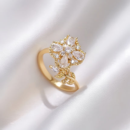 Rotating Zircon Four-Leaf Clover Adjustable Ring