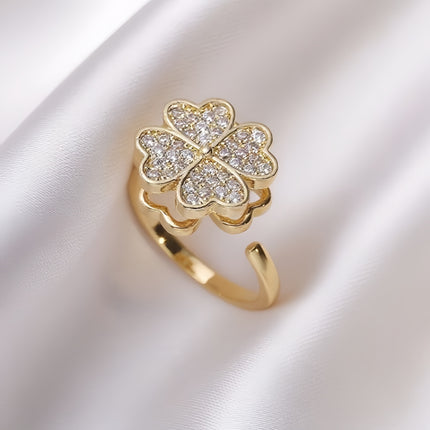 Rotating Zircon Four-Leaf Clover Adjustable Ring