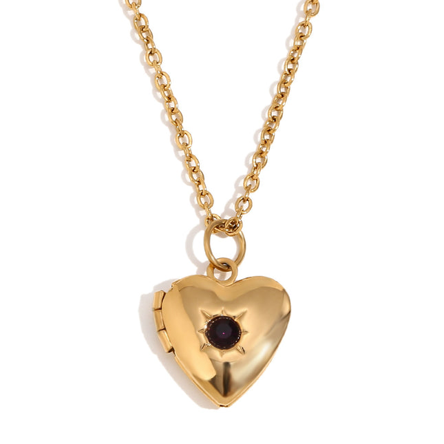Heart Photo Birthstone Necklace Gold Plated